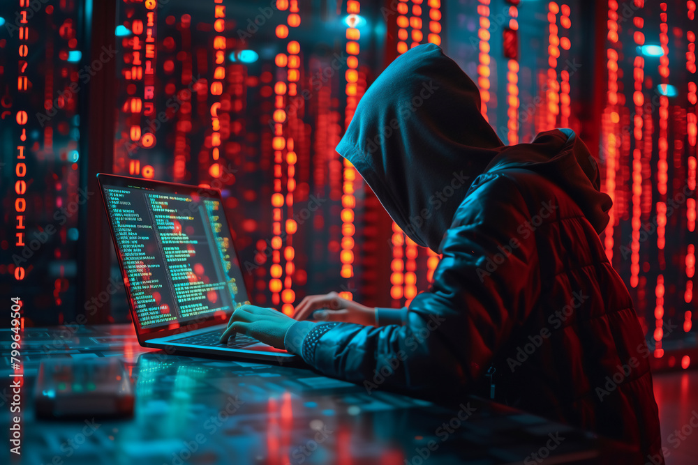 Hacker use computer laptop. binary code background Hacker use computer laptop. binary code background