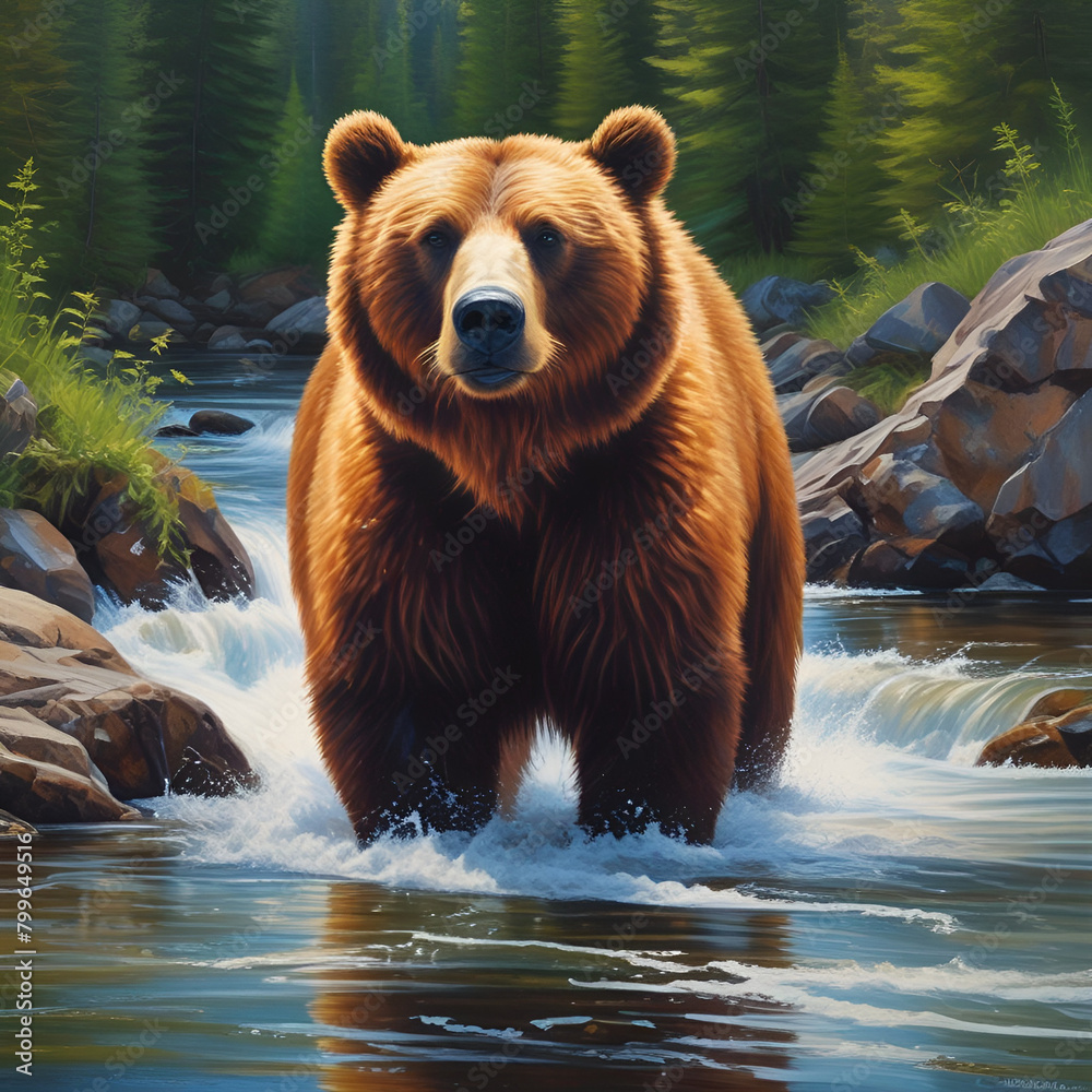 Big brown bear in stream, painting 