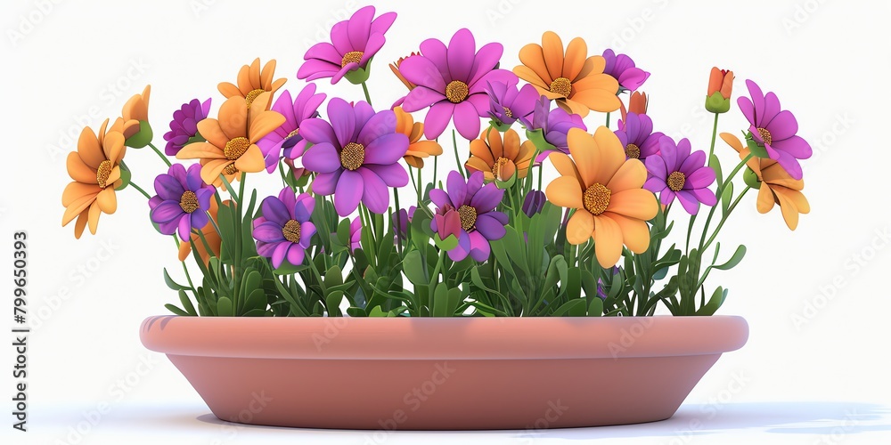 Naklejka premium Flowers in a planter, 3D, childish style, on a white background, aspect ratio 2:1