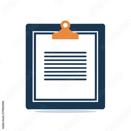 Illustration of a clipboard with a document, featuring a minimalistic design with blue and orange accents.