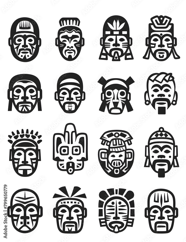 A collection of tribal faces in black and white A collection of tribal faces in black and white