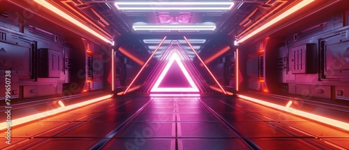 Sci-fi rectangular tunnel with neon triangle sign concept background. Futuristic spaceship metal retro corridor. Modern neon lighting. 3d render © sakina 11