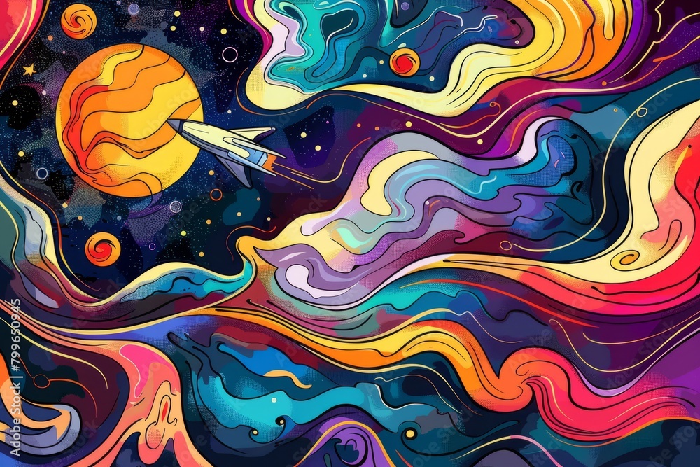  Cartoon cute doodles of a spaceship navigating through a colorful nebula, avoiding swirling clouds of gas and dust, Generative AI