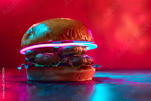 A mushroom Swiss burger, its earthy tones highlighted by the soft glow of neon lights in cyan, red, and blue. The burger becomes the centerpiece of a visual symphony photo