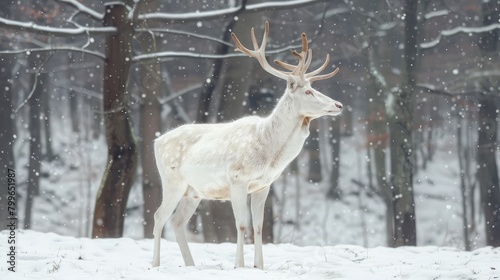 Ethereal White Deer in Snowfall 