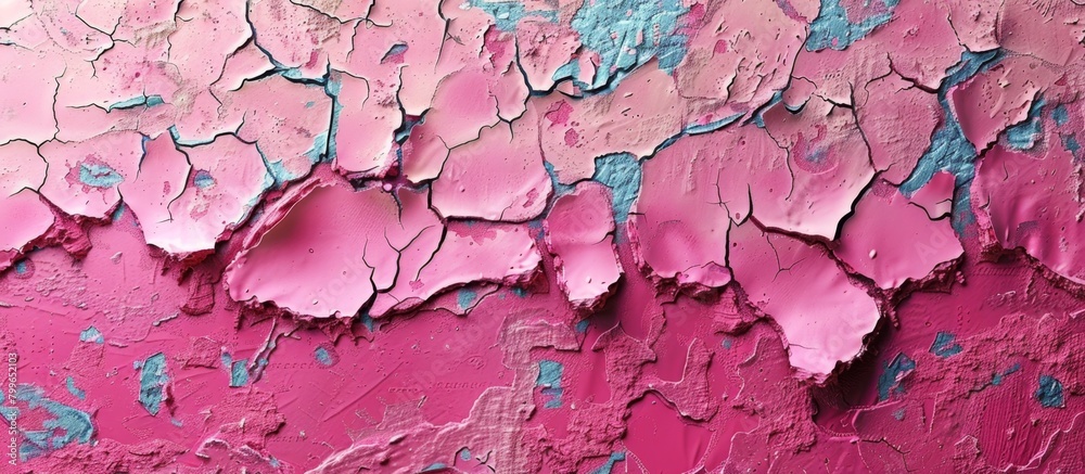 Close-up view of peeling pink and blue paint on a worn wall surface revealing layers of color beneath Close-up view of peeling pink and blue paint on a worn wall surface revealing layers of color beneath
