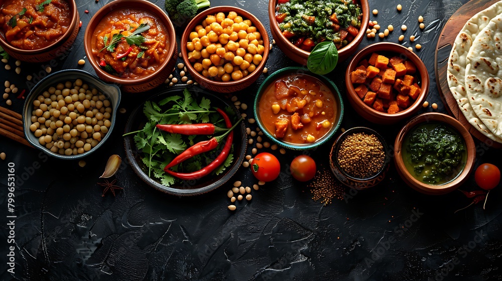 Assorted indian food on black background., Indian cuisine, Top view with copy space