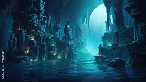 Submerged Cityscape in Abyssal Cavern