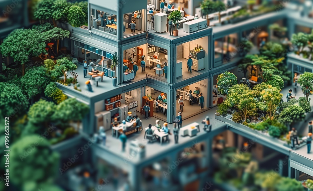Model microscopic miniature Asian city showing town scene with buildings and street scenes. Tilt shift photo effect. Generative AI.