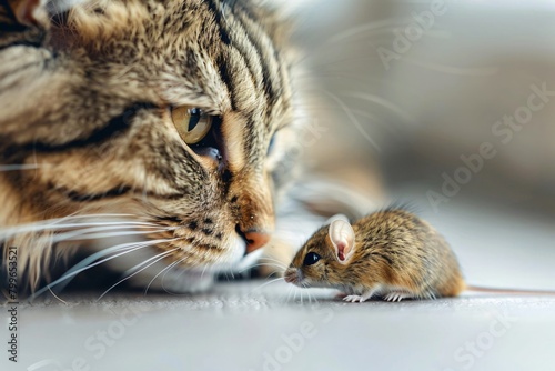 Cat playing with little gerbil mouse on the table