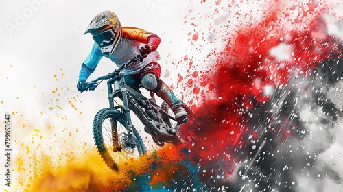 A biker taking off from a mountain bike, with vivid hues streaking over a white backdrop lovely artwork sports notion and space, Generative AI. photo