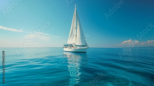 Sailboat Serenity on a Calm Blue Ocean. Sailboat glides peacefully on the mirror-like blue ocean under a clear sky, epitomizing serenity at sea.