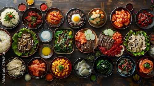 Assortment of Korean traditional dishes, Asian food, Top view, flat lay, panorama photo