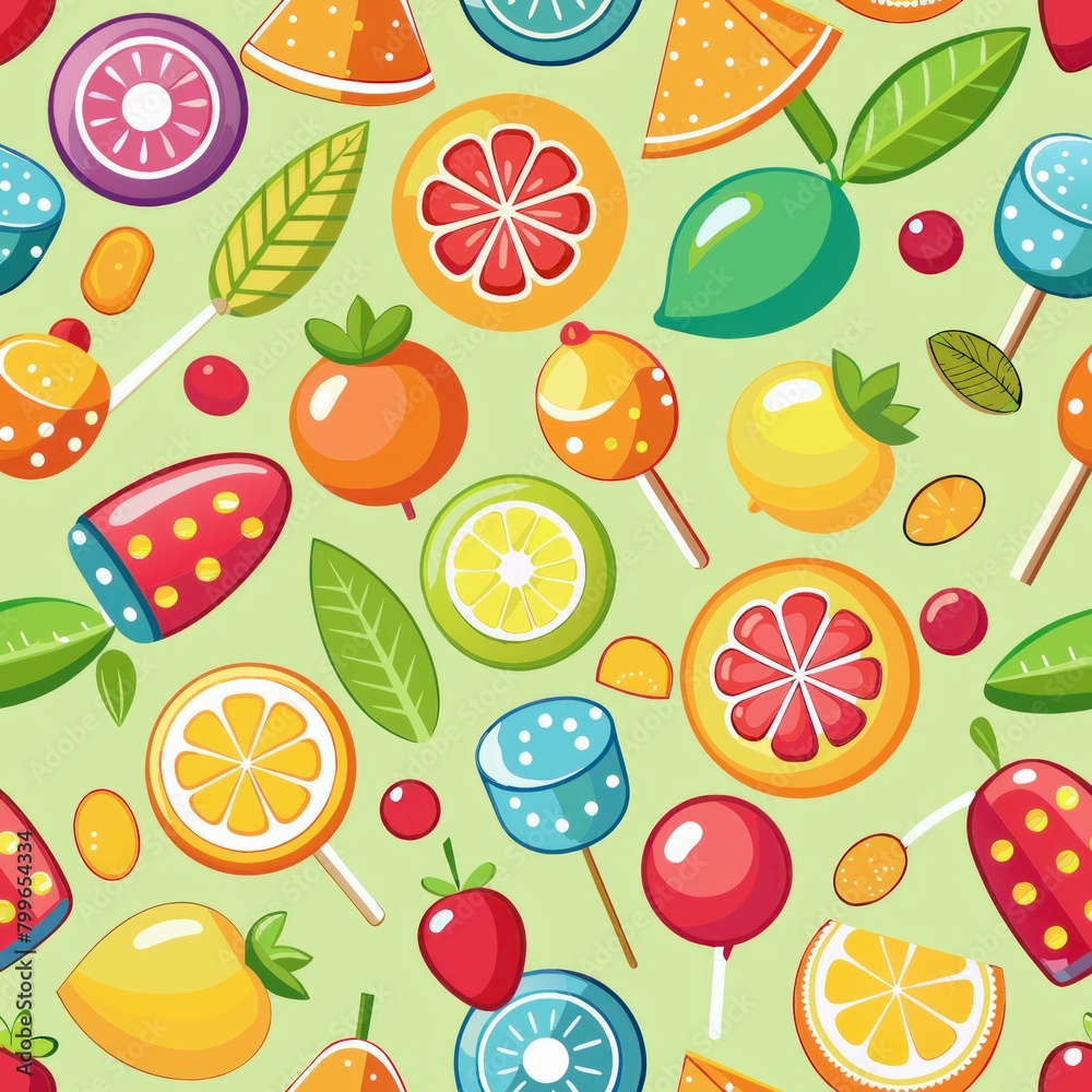 Seamless pattern of fruity hard candies and fruit slices, Generative AI Seamless pattern of fruity hard candies and fruit slices, Generative AI