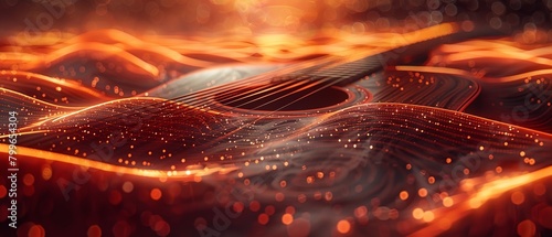 An incredibly in-depth of a vibrating guitar string that is being strummed, with sound waves perceptible in the atmosphere lovely music and space, Generative AI. photo
