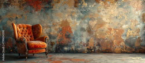 A vintage wooden chair is placed in a room with a deteriorated and rusty wall, creating a nostalgic ambiance photo