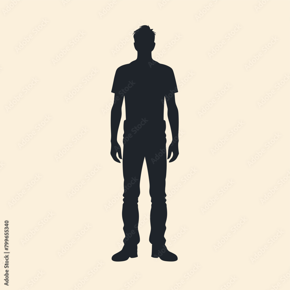 Single man standing black and white silhouette flat vector illustration