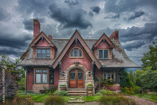 Directly in front view of a dusky rose craftsman cottage with a Norman roof, under a cloudy sky, providing a dramatic and timeless architectural statement. photo