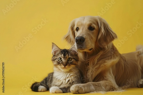 Cute cat and cute dog together on clean yellow background