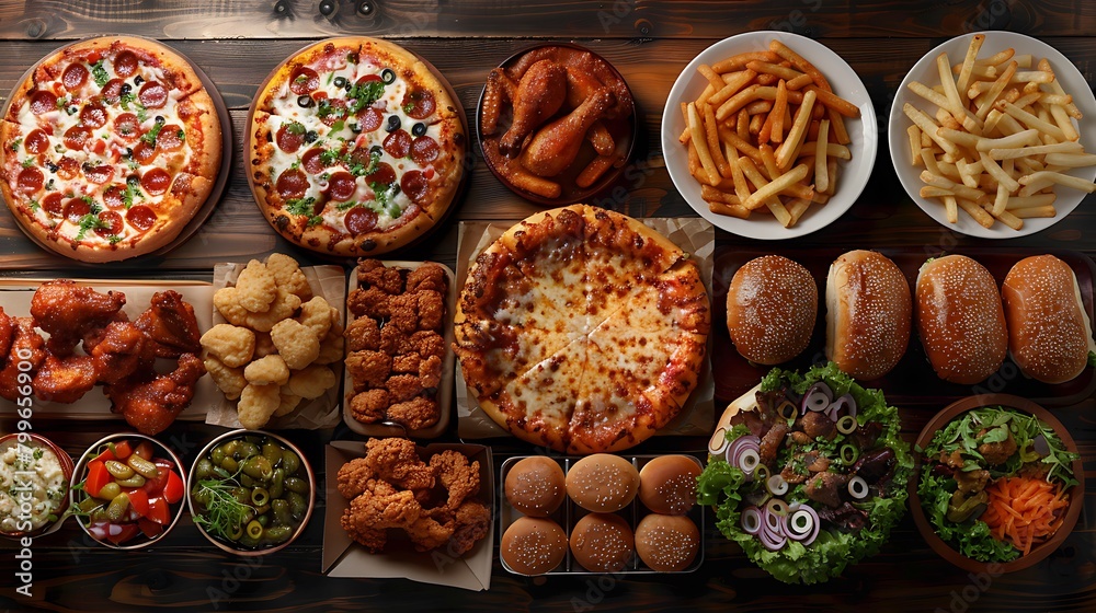 Buffet table scene of take out or delivery foods, Pizza, hamburgers, fried chicken and sides, Above view on a dark wood background