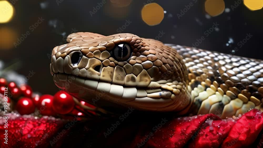 Close-up of a snake on New Year's background with snowflakes and bokeh in the background Close-up of a snake on New Year's background with snowflakes and bokeh in the background
