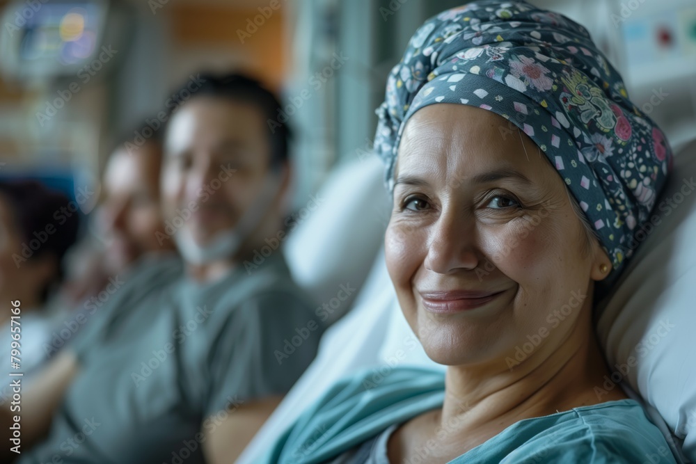 Cancer Patient in Headscarf Smiling in Hospital Bed. Cheerful mature woman with a colorful headscarf, undergoing cancer treatment, shares a warm smile in a hospital ward. Cancer Patient in Headscarf Smiling in Hospital Bed. Cheerful mature woman with a colorful headscarf, undergoing cancer treatment, shares a warm smile in a hospital ward.
