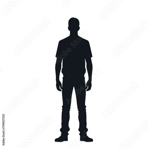 Single man standing black and white silhouette flat vector illustration