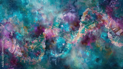 Abstract DNA strands in vibrant shades of teal and purple