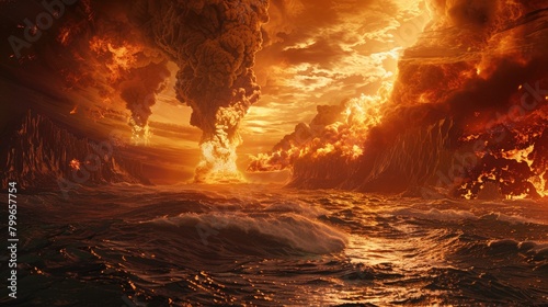 Global warming images, The earth is burning in flames and is drowning in water, global warming concept arts