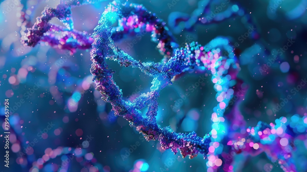 Abstract DNA strands in vibrant shades of teal and purple