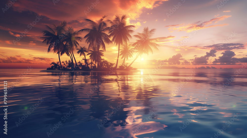 A beautiful island with palm trees and a sunset in the background. The sky is filled with birds and the water is calm