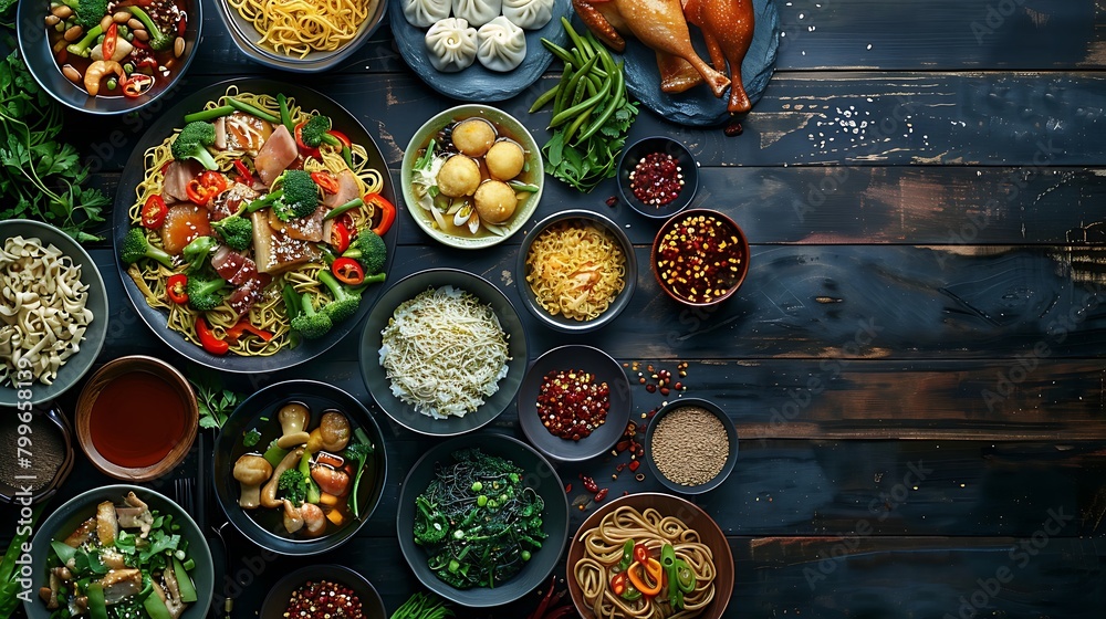 Chinese food dark background, Chinese noodles, fried rice, dumplings, peking duck, dim sum, spring rolls, Famous Chinese cuisine dishes set, Space for text, Top view, Chinese restaurant concept