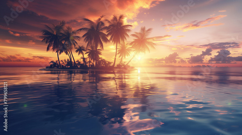 A beautiful island with palm trees and a sunset in the background. The sky is filled with birds and the water is calm