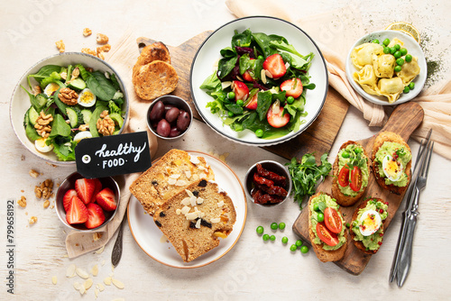 Summer table with various food.