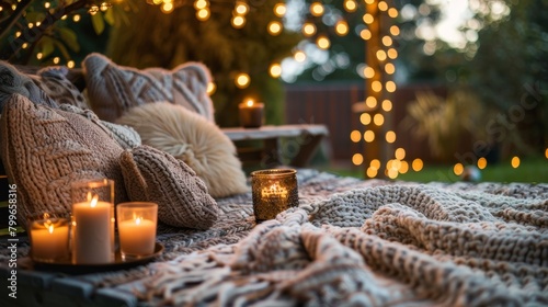 A rustic setup of blankets pillows and flickering candles provides a cozy spot to enjoy an outdoor movie by the fire. 2d flat cartoon.