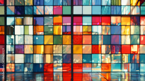 Colorful abstract mosaic background  a vibrant and modern room with a wall of colorful glass panels in red  blue  yellow  and other bright colors  a Korean traditional style color combination
