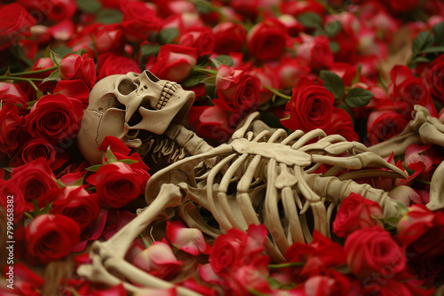 skeleton relaxing in bed of roses, roses all around, skull, front view, landscape format, photorealistic // ai-generated 