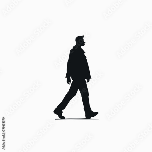 Silhouette of a man walking against a minimalist white background.