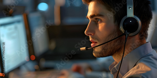 Callcenter agent, computer and man consulting with advice, lead generation or help desk worker with sales.Nervous man talking headset in call center. Stressed support agent work hotline. Annoyed focus photo