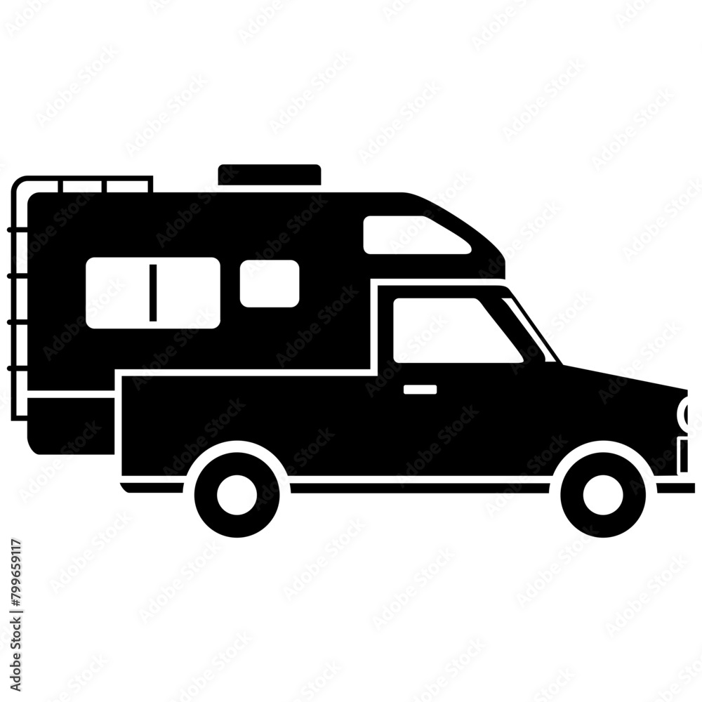 Black single rv van icon, simple camping car, truck trailer, auto vehicle, flat design for app ui ux web button, interface pictogram elements isolated on white background Black single rv van icon, simple camping car, truck trailer, auto vehicle, flat design for app ui ux web button, interface pictogram elements isolated on white background