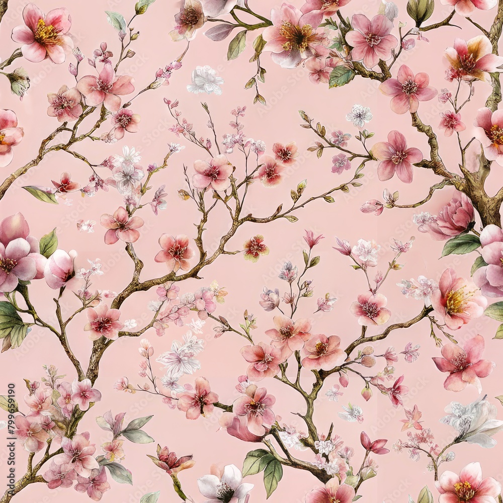 Seamless pattern of blossoming sakura branches against a soft pink sky, Generative AI 