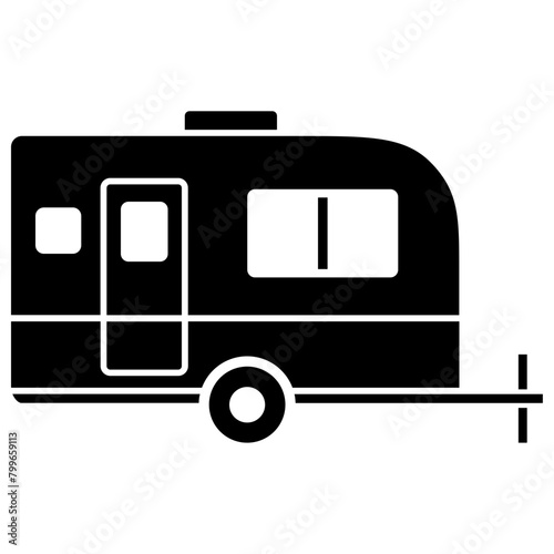 Black single rv van icon, simple camping car, truck trailer, auto vehicle, flat design for app ui ux web button, interface pictogram elements isolated on white background