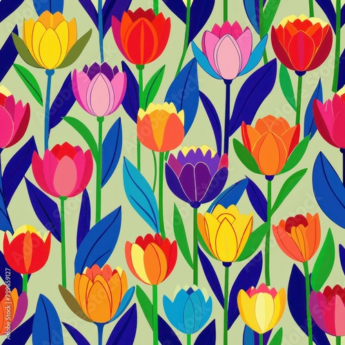 Seamless pattern of blooming tulips in a rainbow of colors  Generative AI