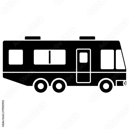 Black single rv van icon, simple camping car, truck trailer, auto vehicle, flat design for app ui ux web button, interface pictogram elements isolated on white background