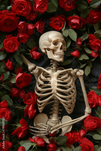 skeleton relaxing in bed of roses, roses all around, front view, portrait format, photorealistic // ai-generated 