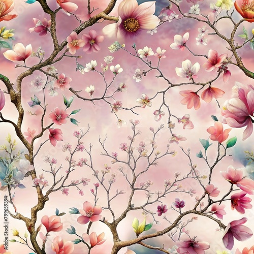 Seamless pattern of blossoming sakura branches against a soft pink sky  Generative AI 