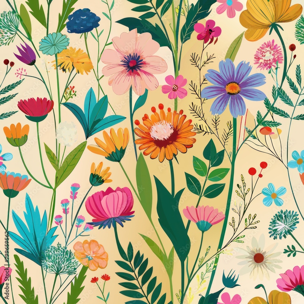 Seamless pattern of colorful wildflowers dancing in the wind, Generative AI