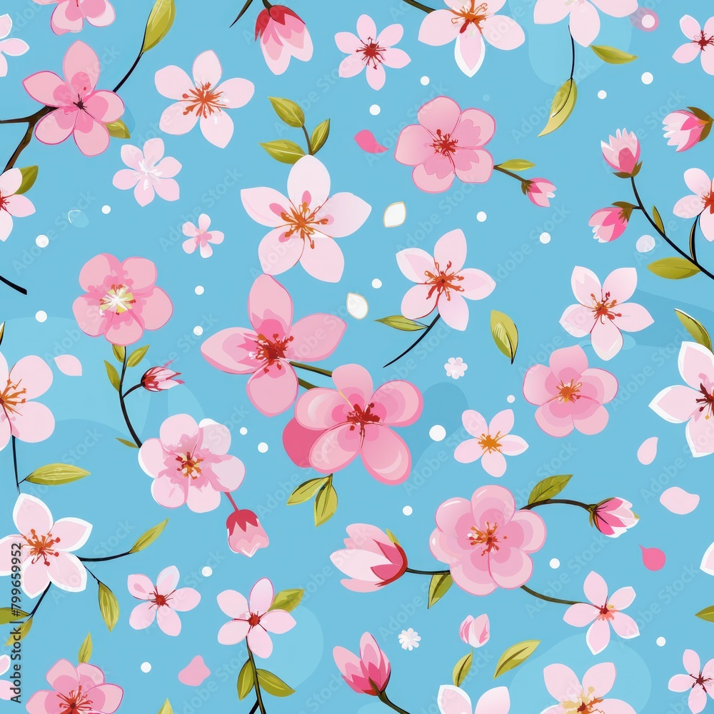 Seamless pattern of delicate cherry blossoms floating on a serene background, Generative AI