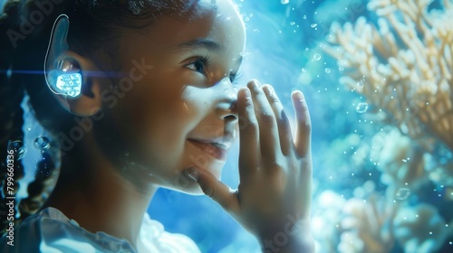 A young girl holding a small device to her ear smiling in amazement as she listens to the sounds of a coral reef in the ocean..