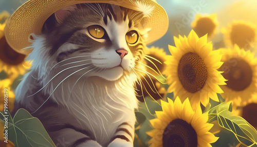 Cat wearing straw hat with sunflowers